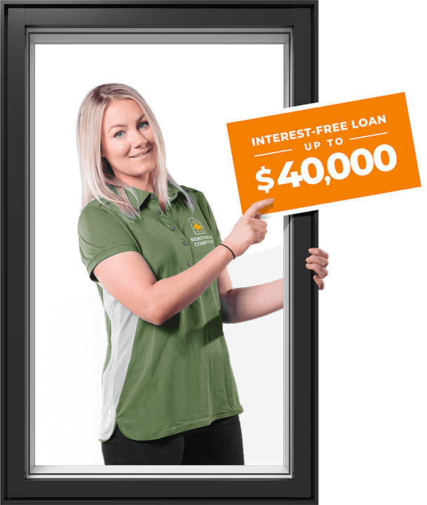 A Northern Comfort sales representative points to a $40,000 interest-free loan graphic